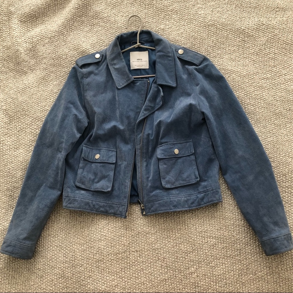 Mango - light blue suede motorcycle jacket